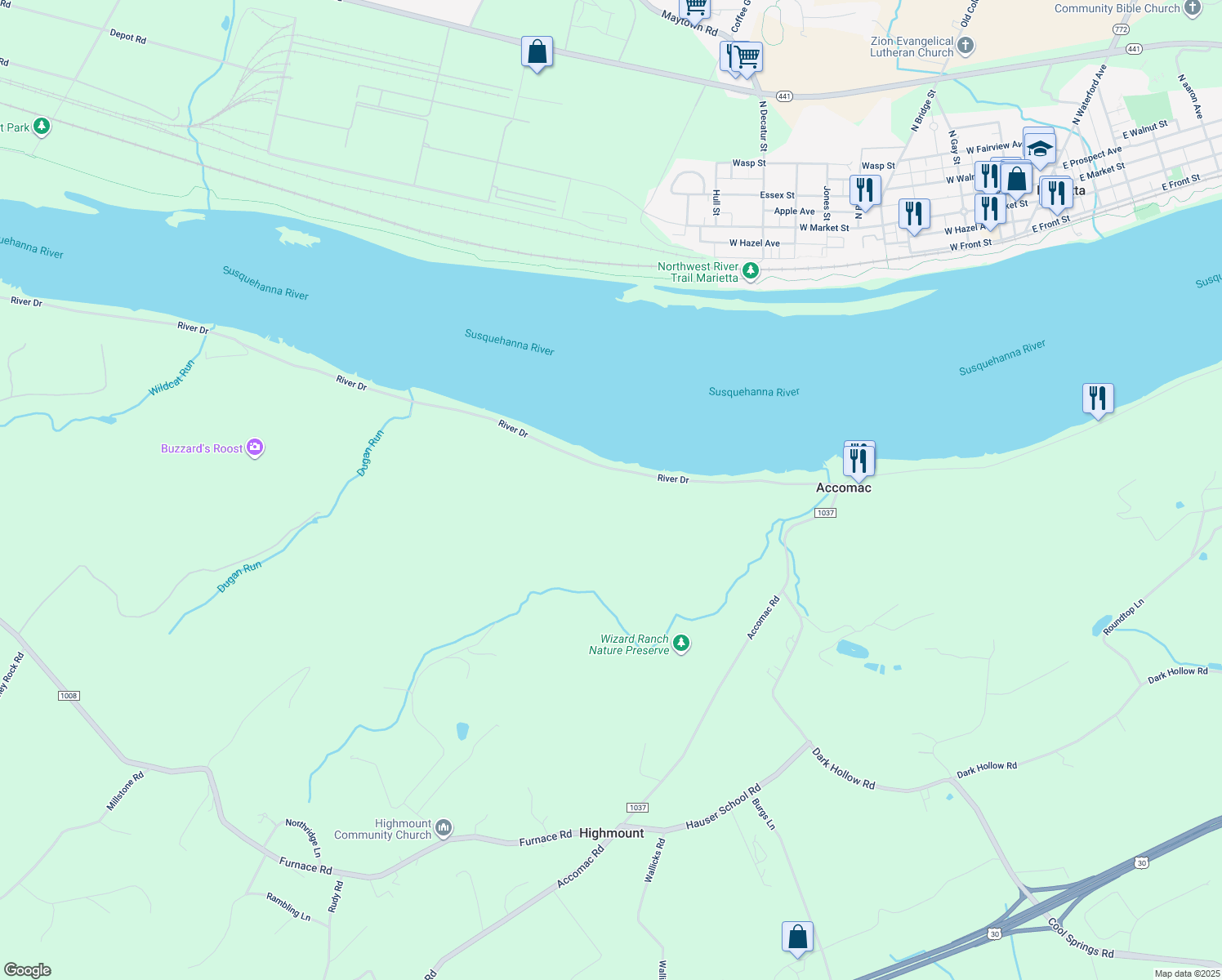 map of restaurants, bars, coffee shops, grocery stores, and more near 6114 River Drive in York