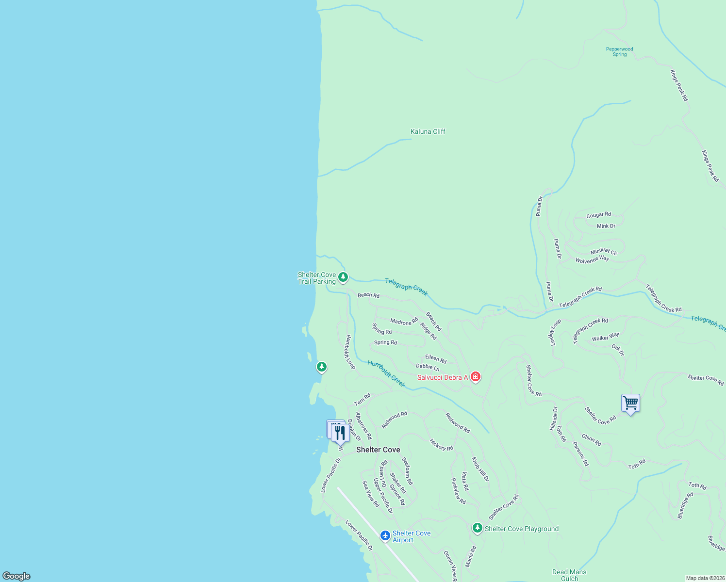 map of restaurants, bars, coffee shops, grocery stores, and more near 817 Beach Road in Whitethorn