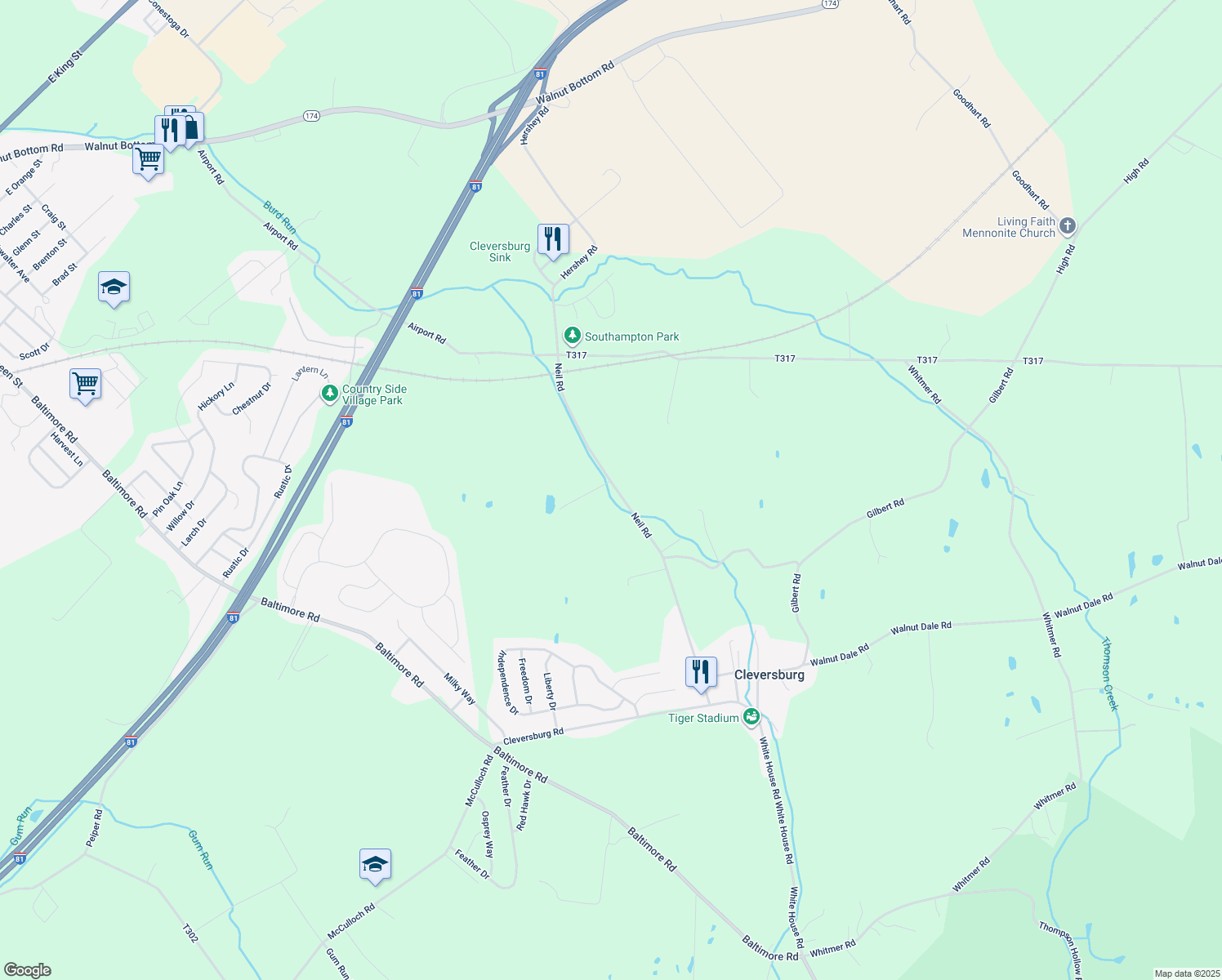map of restaurants, bars, coffee shops, grocery stores, and more near 228 Neil Road in Shippensburg