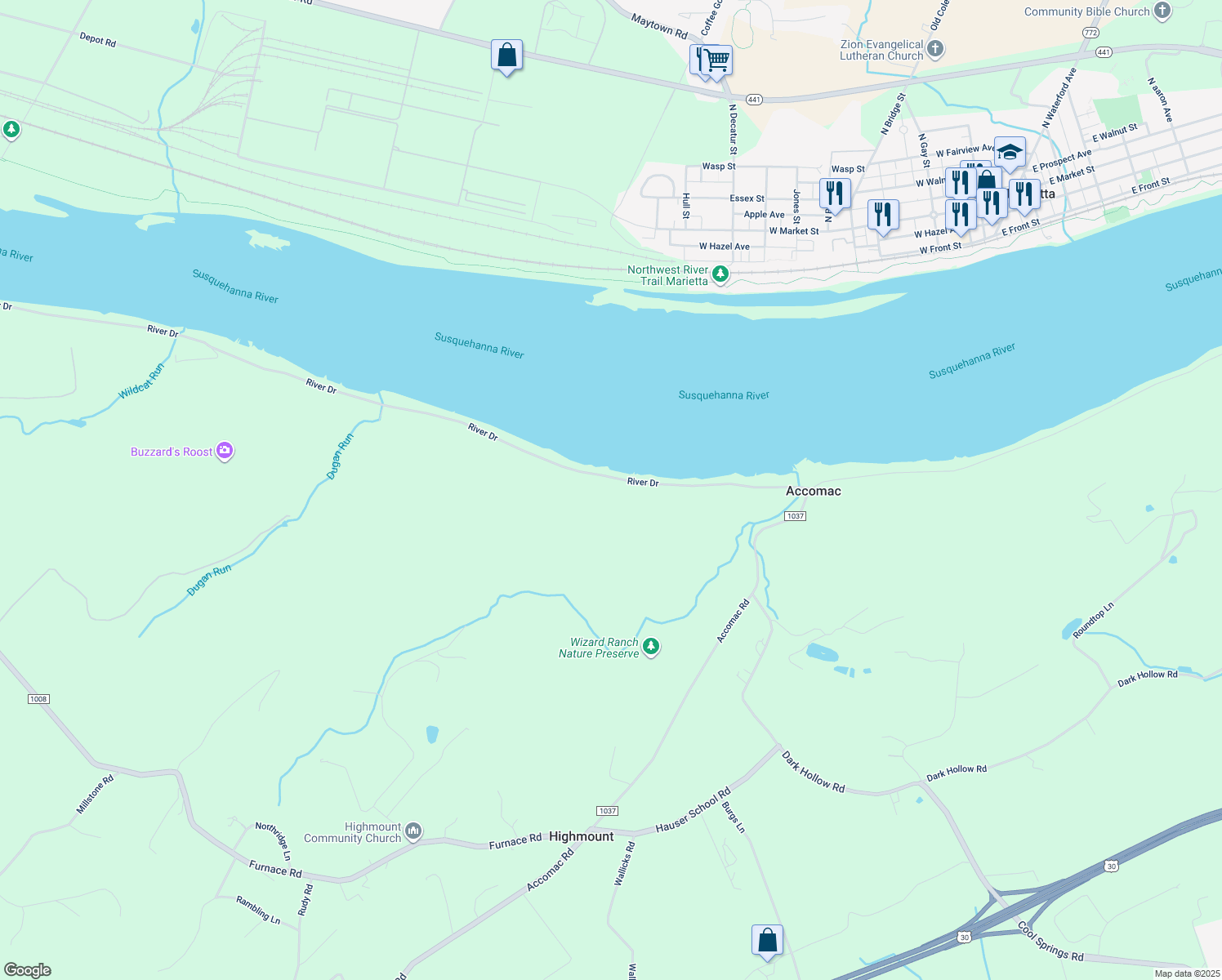 map of restaurants, bars, coffee shops, grocery stores, and more near 6130 River Drive in York