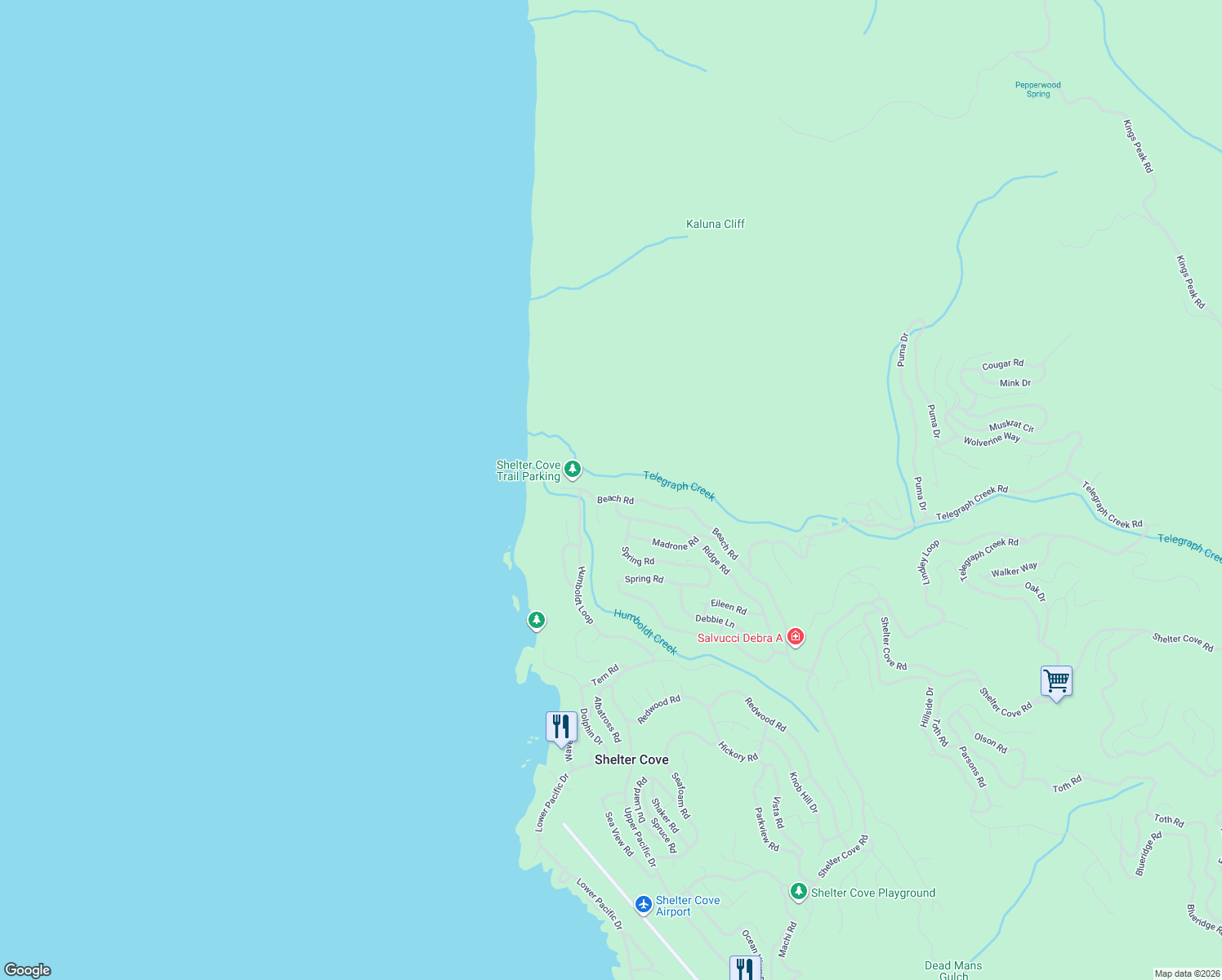 map of restaurants, bars, coffee shops, grocery stores, and more near 817 Beach Road in Whitethorn