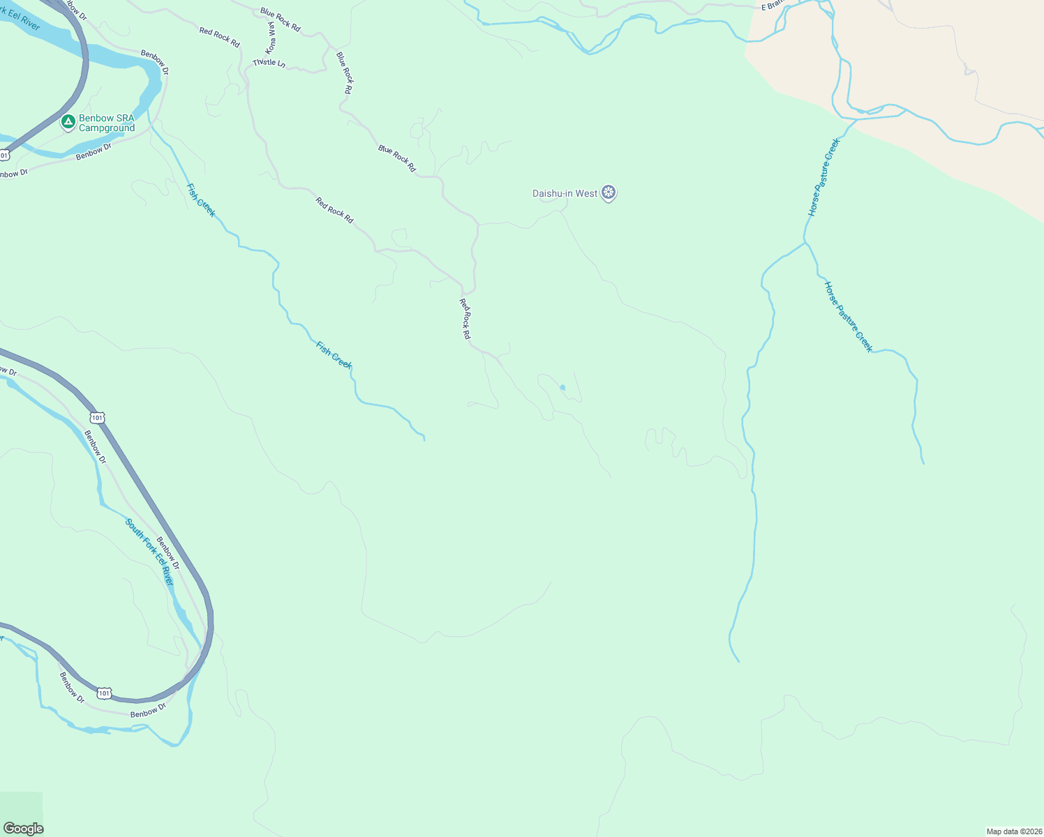 map of restaurants, bars, coffee shops, grocery stores, and more near 3961 Red Rock Road in Garberville