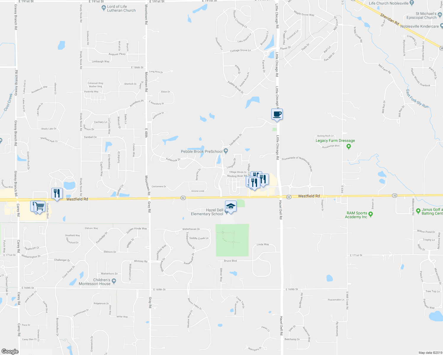 map of restaurants, bars, coffee shops, grocery stores, and more near Pebble Brook Boulevard in Noblesville