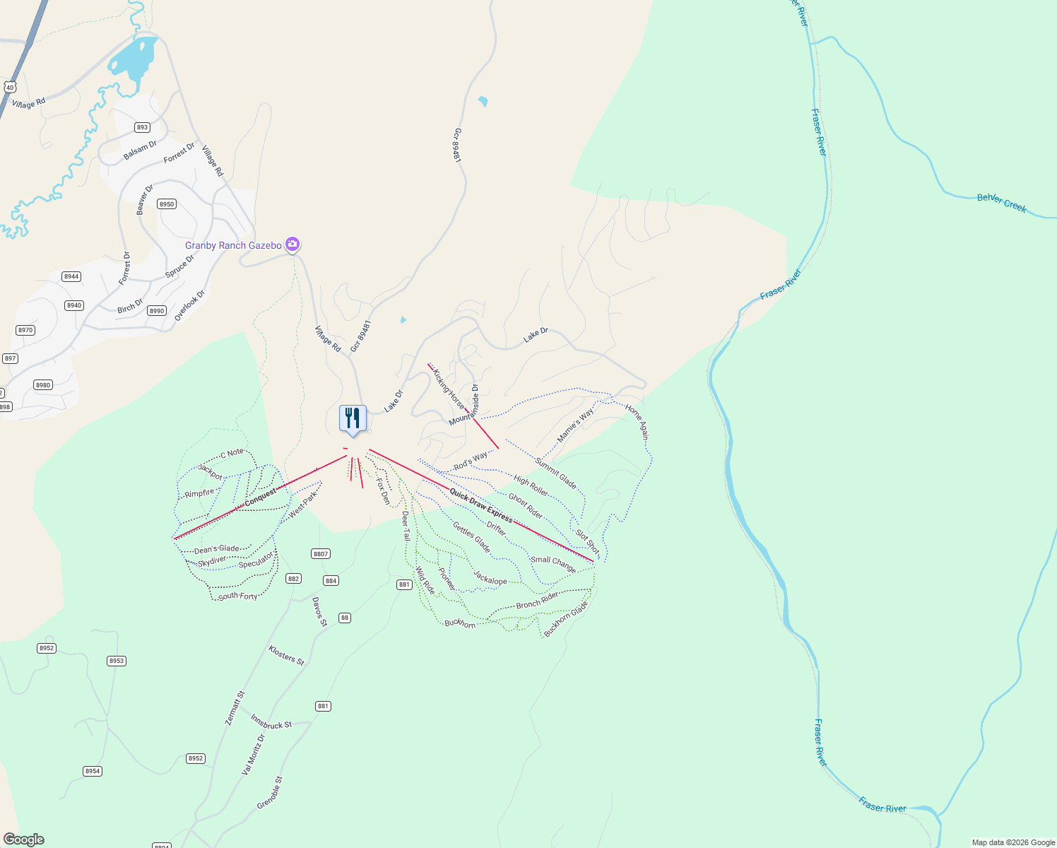 map of restaurants, bars, coffee shops, grocery stores, and more near Nimbus Dr in Granby