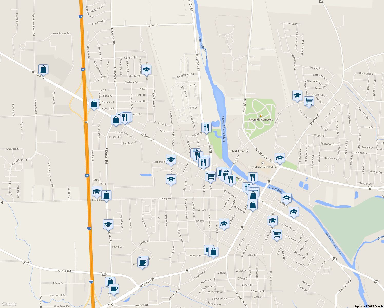 map of restaurants, bars, coffee shops, grocery stores, and more near 101 North Madison Street in Troy