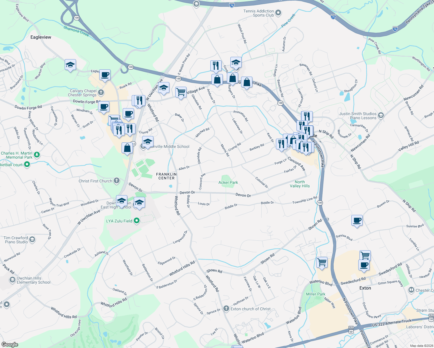 map of restaurants, bars, coffee shops, grocery stores, and more near 210 Concord Avenue in Exton