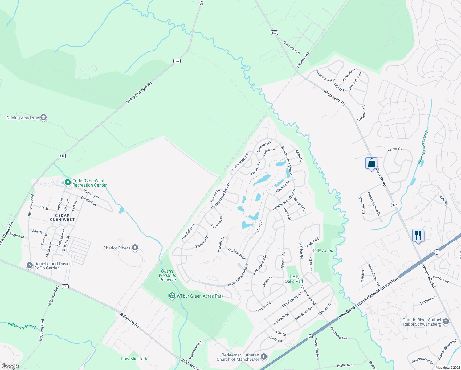 map of restaurants, bars, coffee shops, grocery stores, and more near 13 Modena Court in Manchester Township