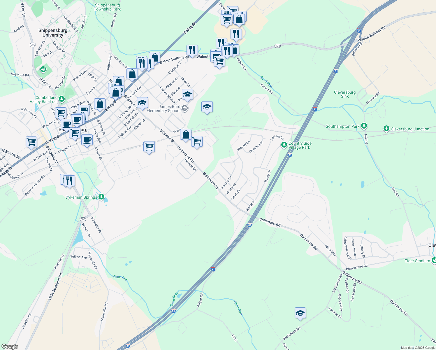 map of restaurants, bars, coffee shops, grocery stores, and more near 113 Longview Dr in Shippensburg