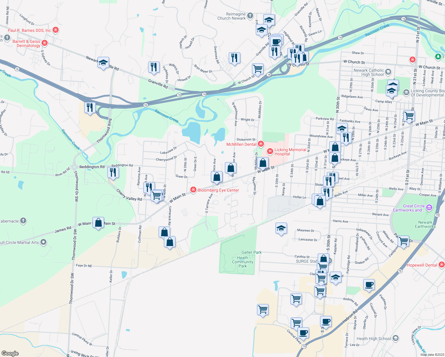 map of restaurants, bars, coffee shops, grocery stores, and more near 18 Stone House Court in Newark