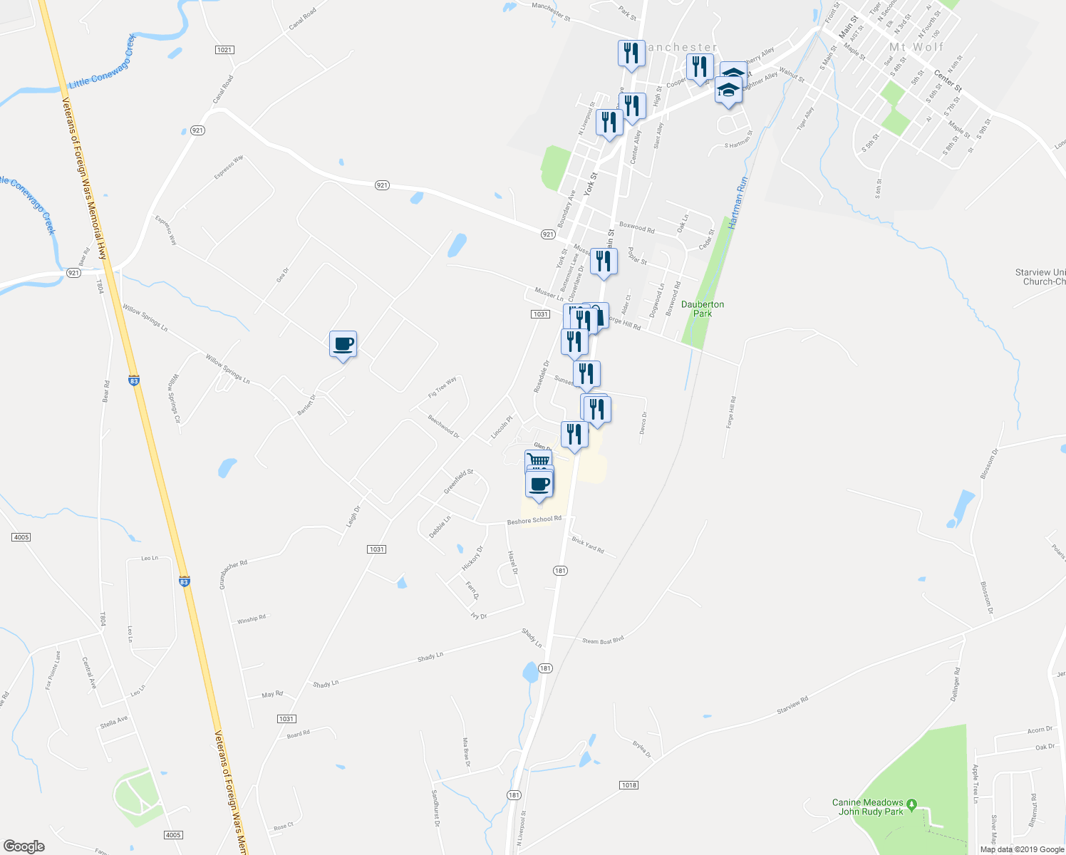 map of restaurants, bars, coffee shops, grocery stores, and more near 20 Stonecrop Lane in Manchester