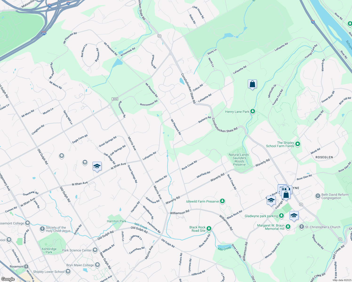 map of restaurants, bars, coffee shops, grocery stores, and more near 854 Mount Pleasant Road in Bryn Mawr