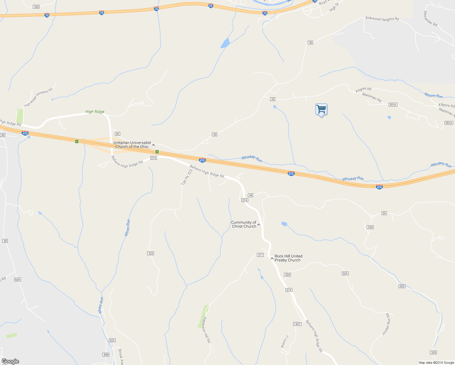 map of restaurants, bars, coffee shops, grocery stores, and more near 55820 High Ridge Road in Bellaire