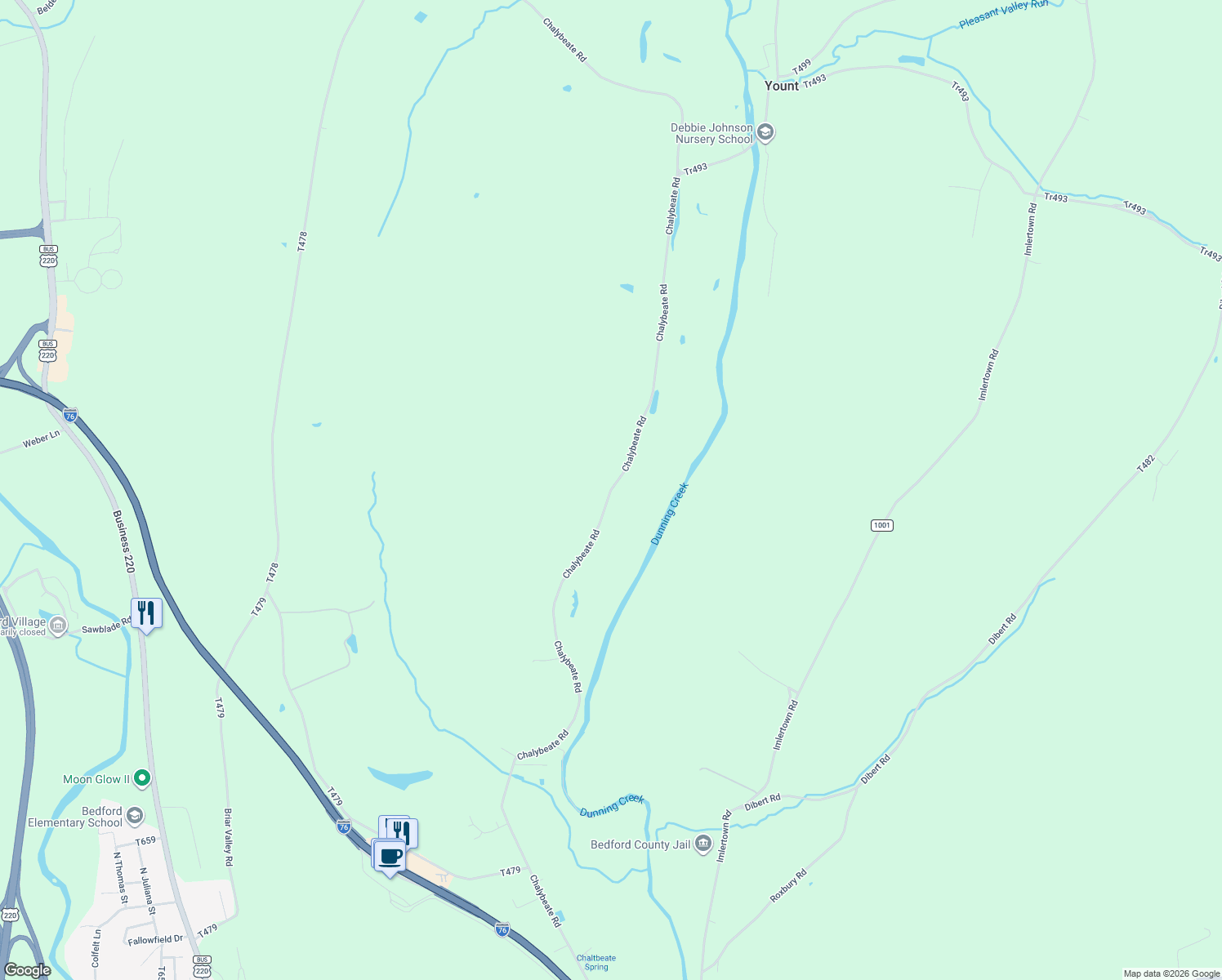 map of restaurants, bars, coffee shops, grocery stores, and more near Chalybeate Rd in Bedford