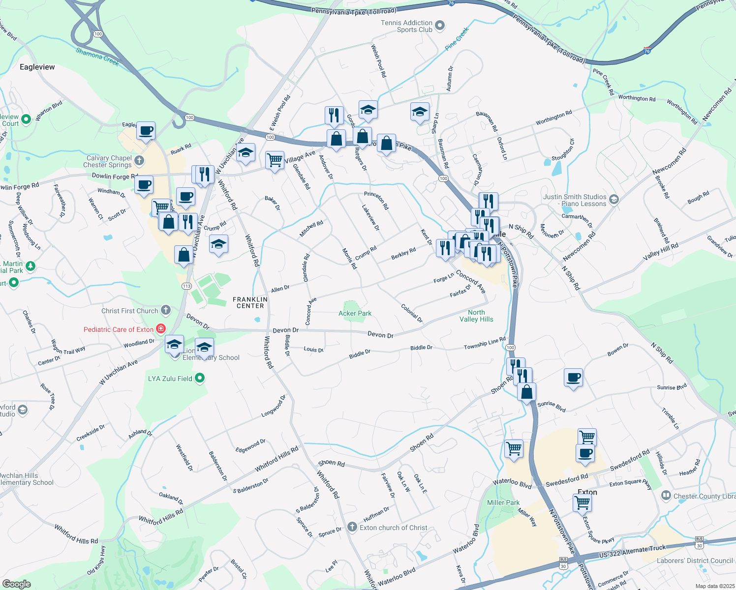 map of restaurants, bars, coffee shops, grocery stores, and more near 302 Morris Road in Exton