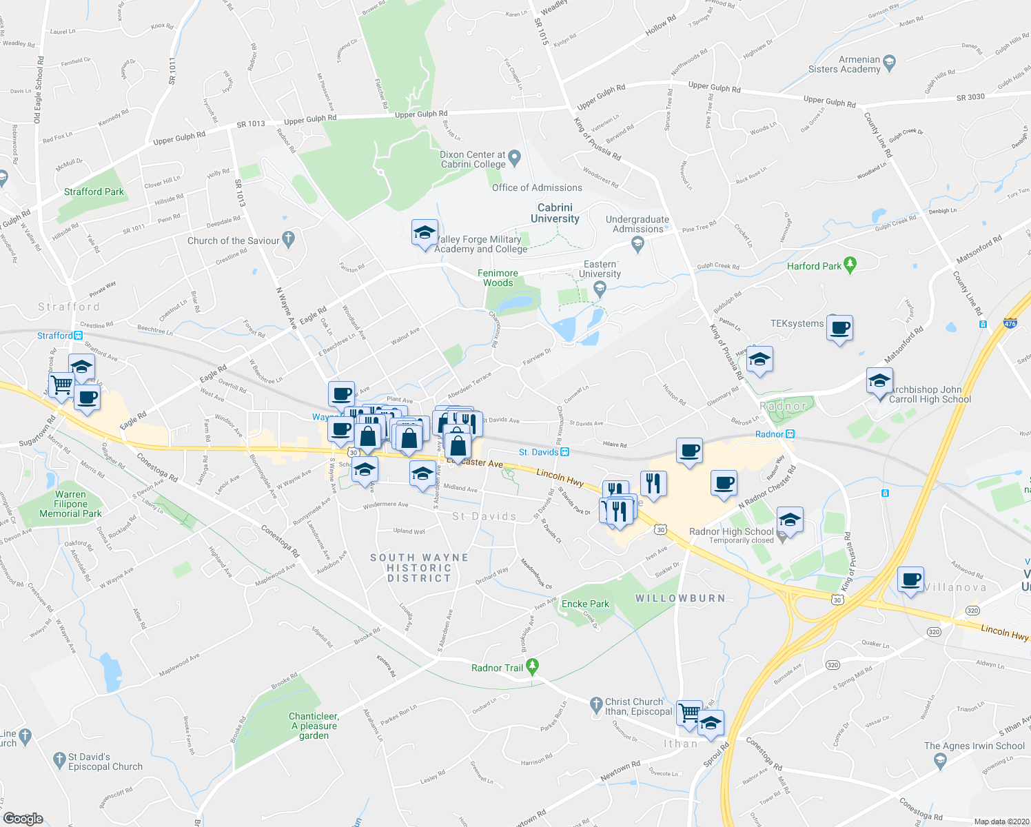 map of restaurants, bars, coffee shops, grocery stores, and more near 473 Saint Davids Avenue in Saint Davids