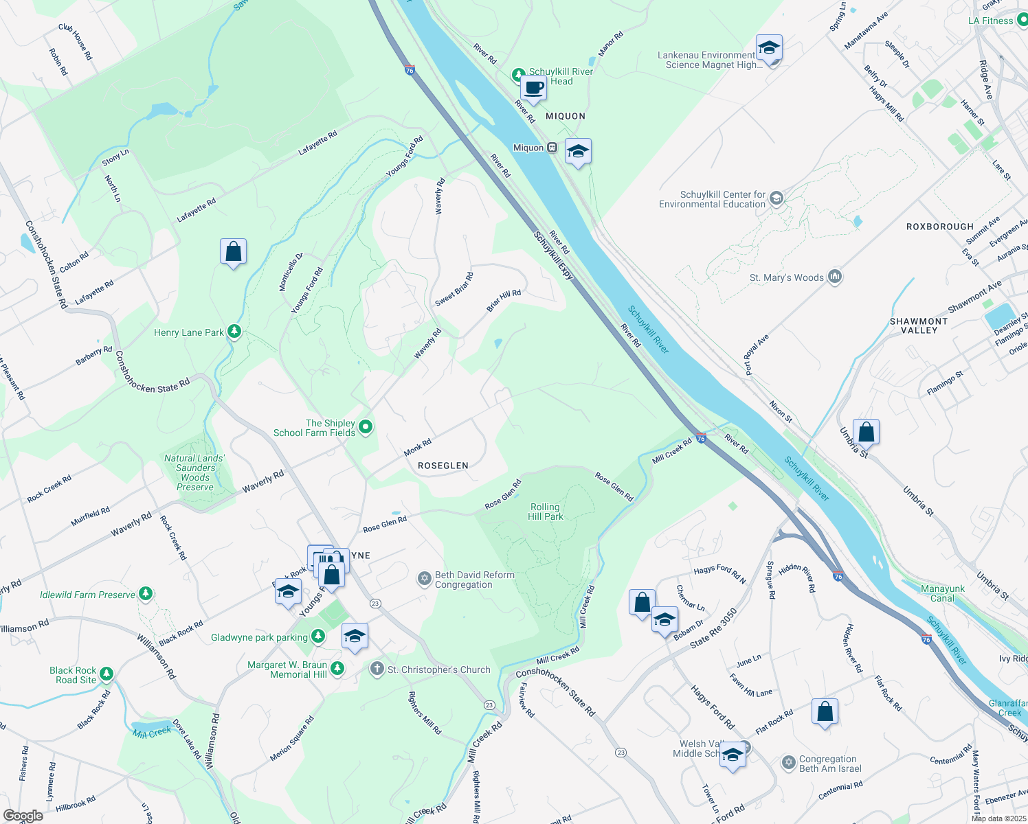 map of restaurants, bars, coffee shops, grocery stores, and more near 1509 Monk Rd in Gladwyne