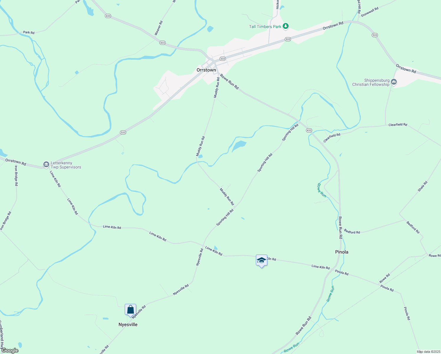 map of restaurants, bars, coffee shops, grocery stores, and more near 9446 Muddy Run Road in Orrstown