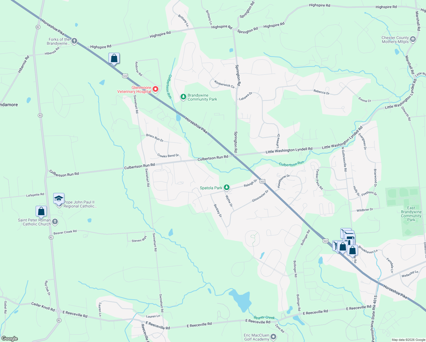 map of restaurants, bars, coffee shops, grocery stores, and more near 11 Apple Drive in Downingtown