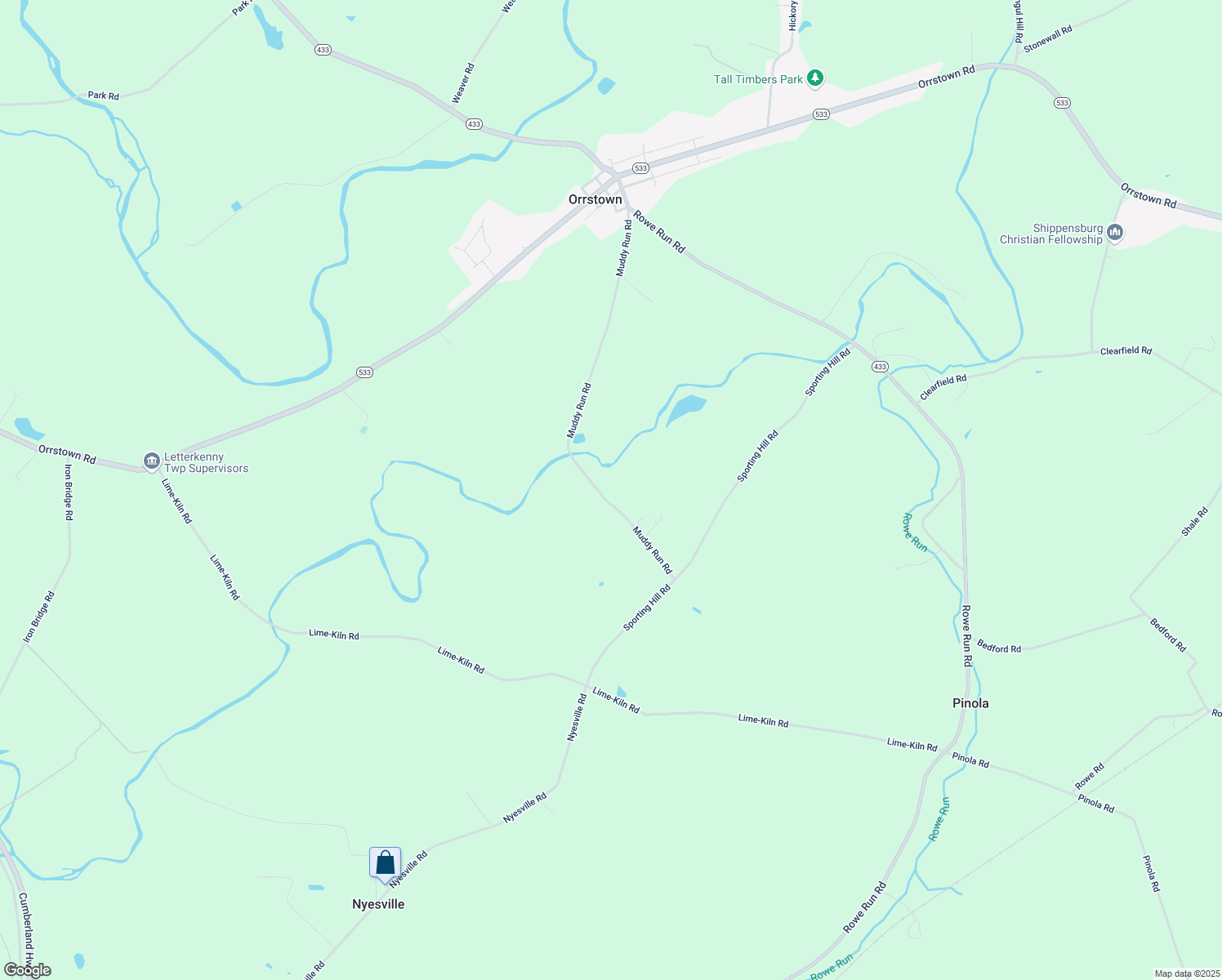 map of restaurants, bars, coffee shops, grocery stores, and more near 9446 Muddy Run Road in Orrstown