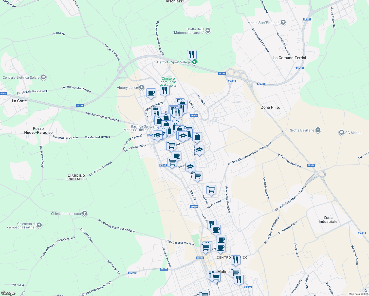 map of restaurants, bars, coffee shops, grocery stores, and more near 19 Via Ferruccio in Parabita
