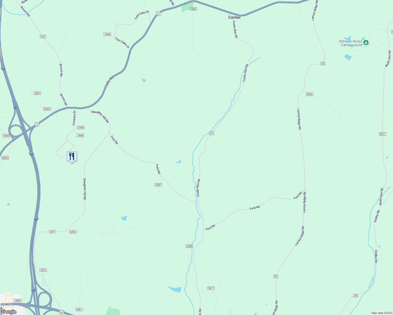 map of restaurants, bars, coffee shops, grocery stores, and more near 65155 Cooks Run Road in Cambridge