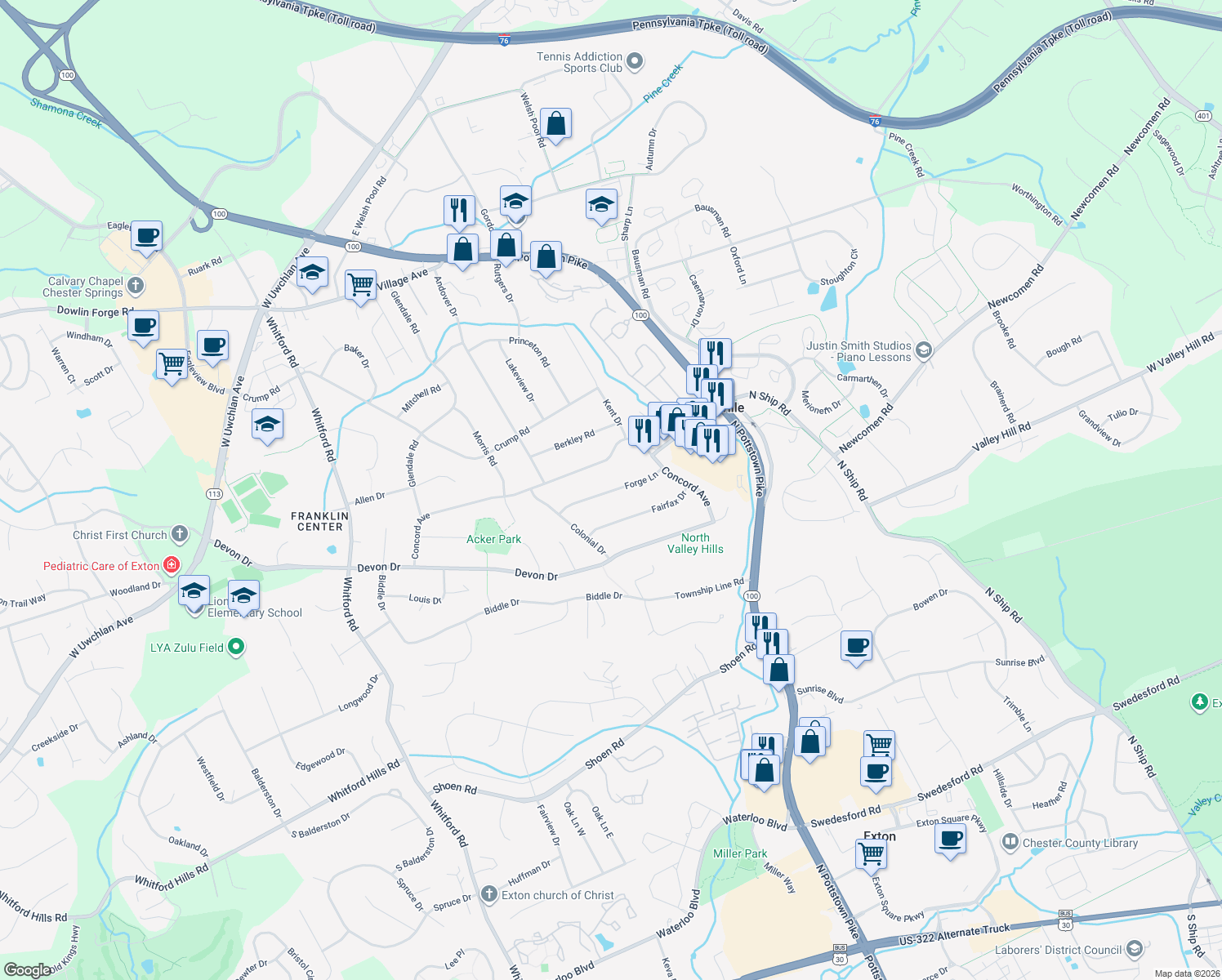 map of restaurants, bars, coffee shops, grocery stores, and more near 415 Forge Lane in Exton