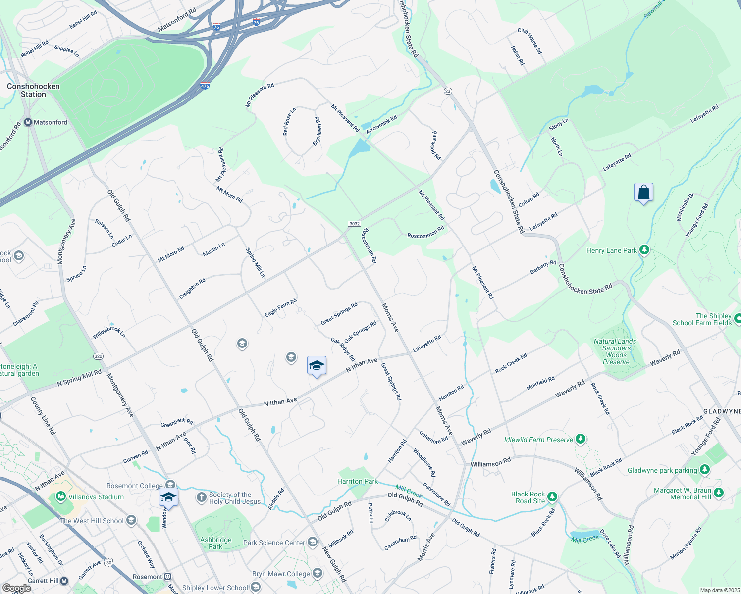 map of restaurants, bars, coffee shops, grocery stores, and more near 919 Great Springs Road in Bryn Mawr