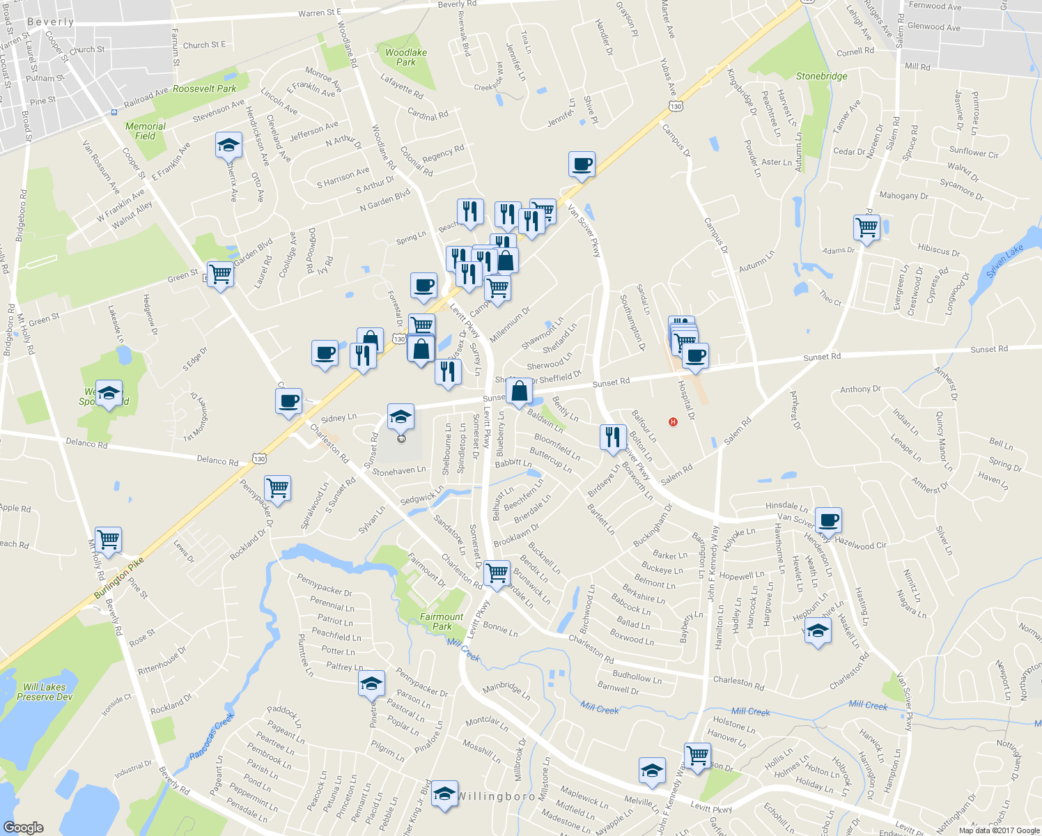 map of restaurants, bars, coffee shops, grocery stores, and more near 38 Bradford Lane in Willingboro