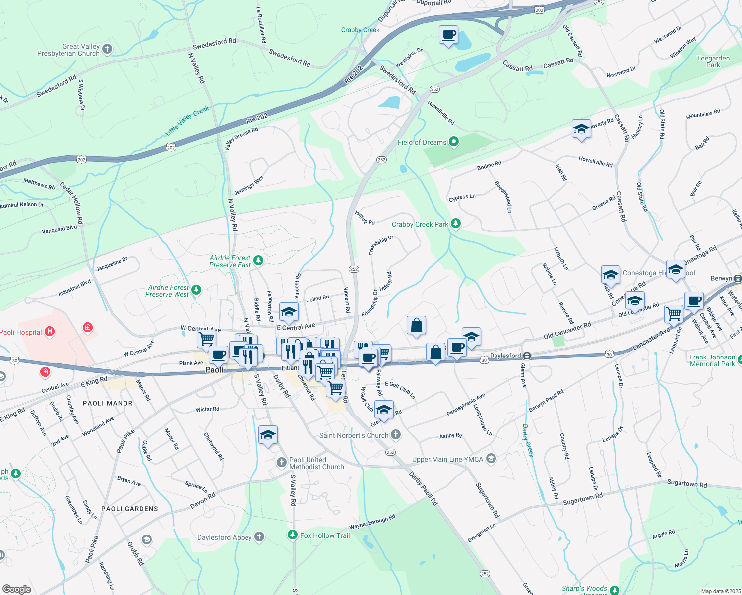 map of restaurants, bars, coffee shops, grocery stores, and more near 278 Friendship Drive in Paoli