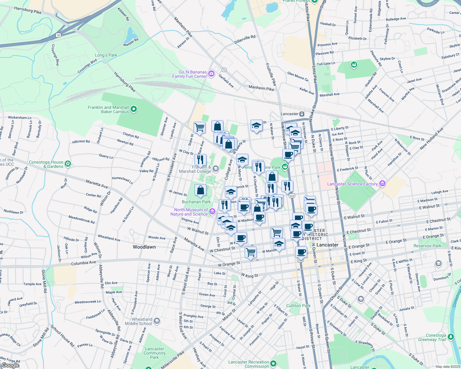 map of restaurants, bars, coffee shops, grocery stores, and more near 612 North Pine Street in Lancaster