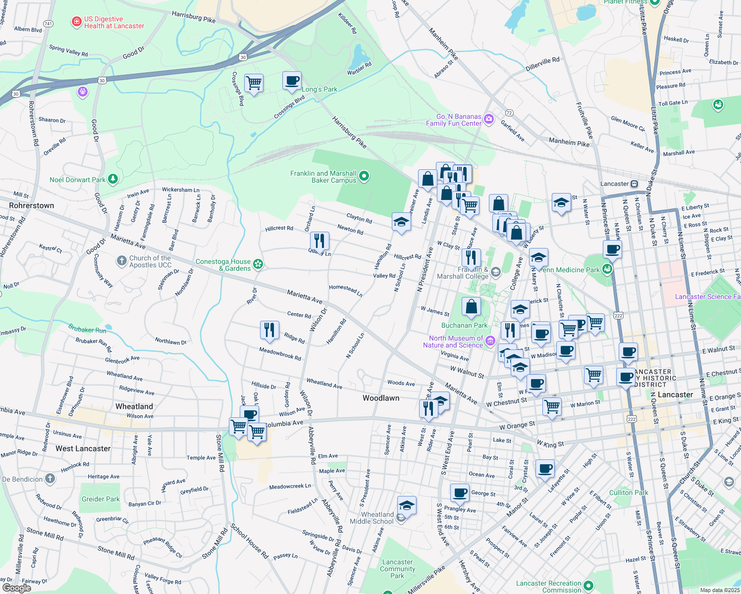 map of restaurants, bars, coffee shops, grocery stores, and more near 519 Hamilton Rd in Lancaster
