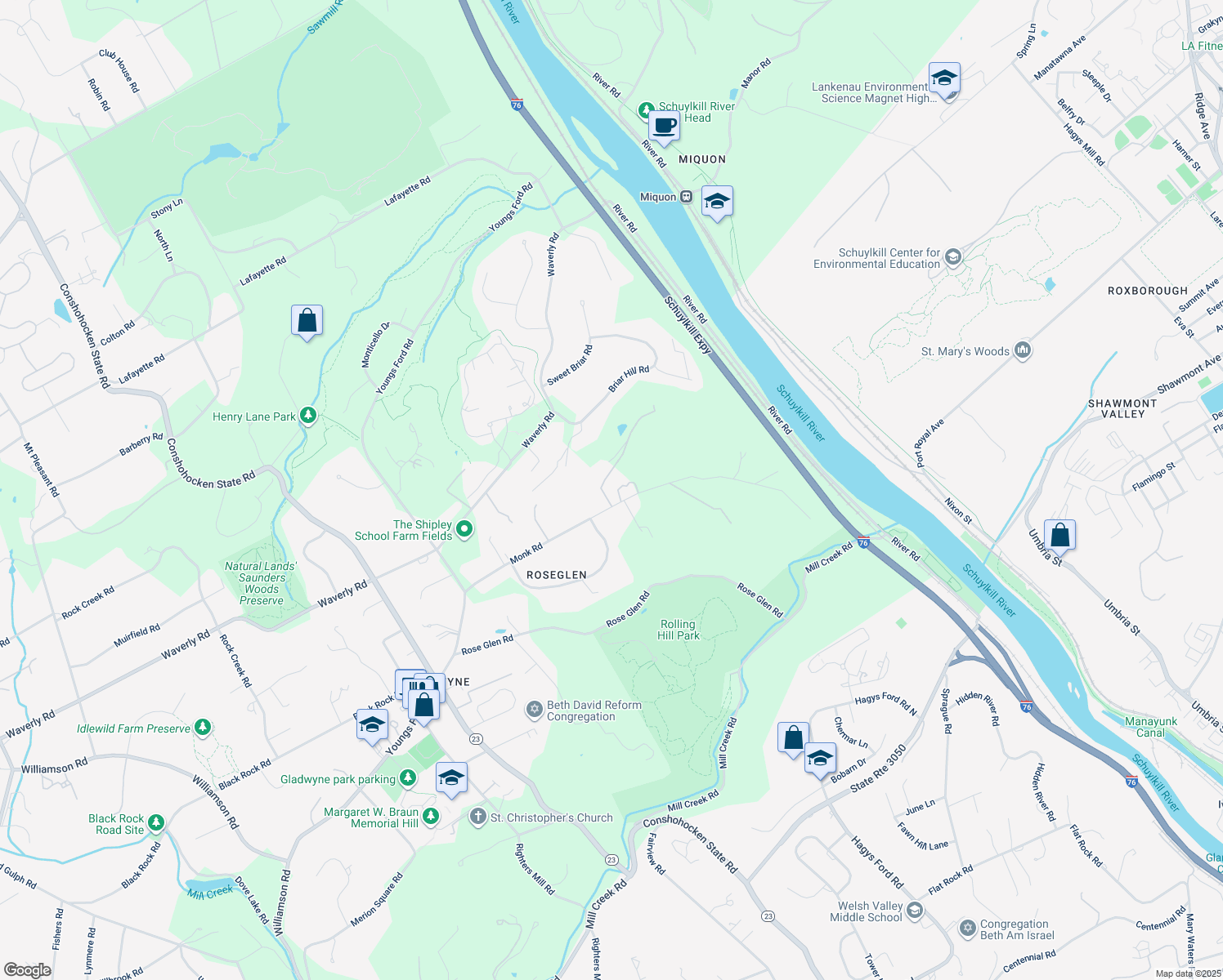 map of restaurants, bars, coffee shops, grocery stores, and more near 1500 Monk Road in Gladwyne