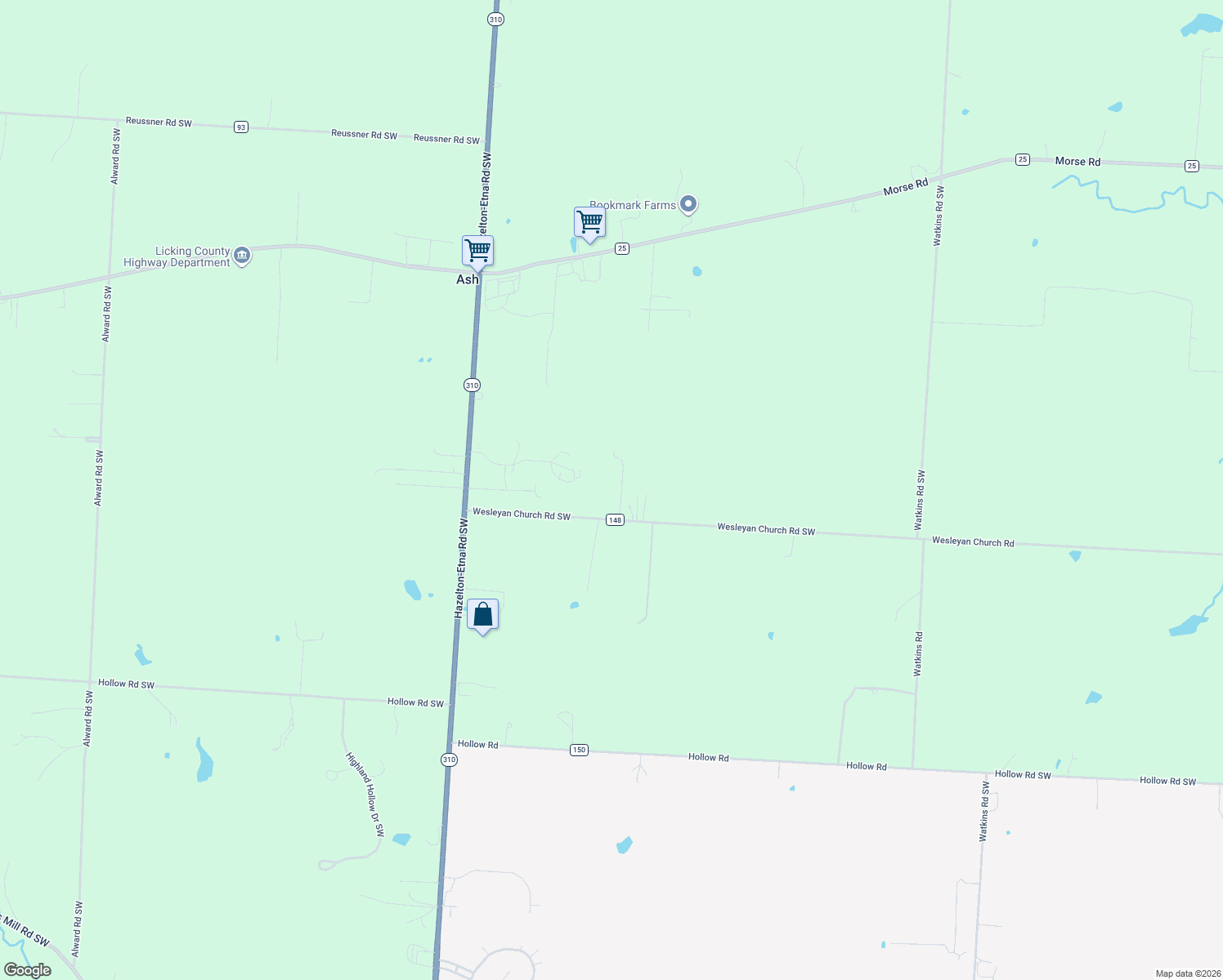 map of restaurants, bars, coffee shops, grocery stores, and more near 9050 Wesleyan Church Rd SW in Pataskala