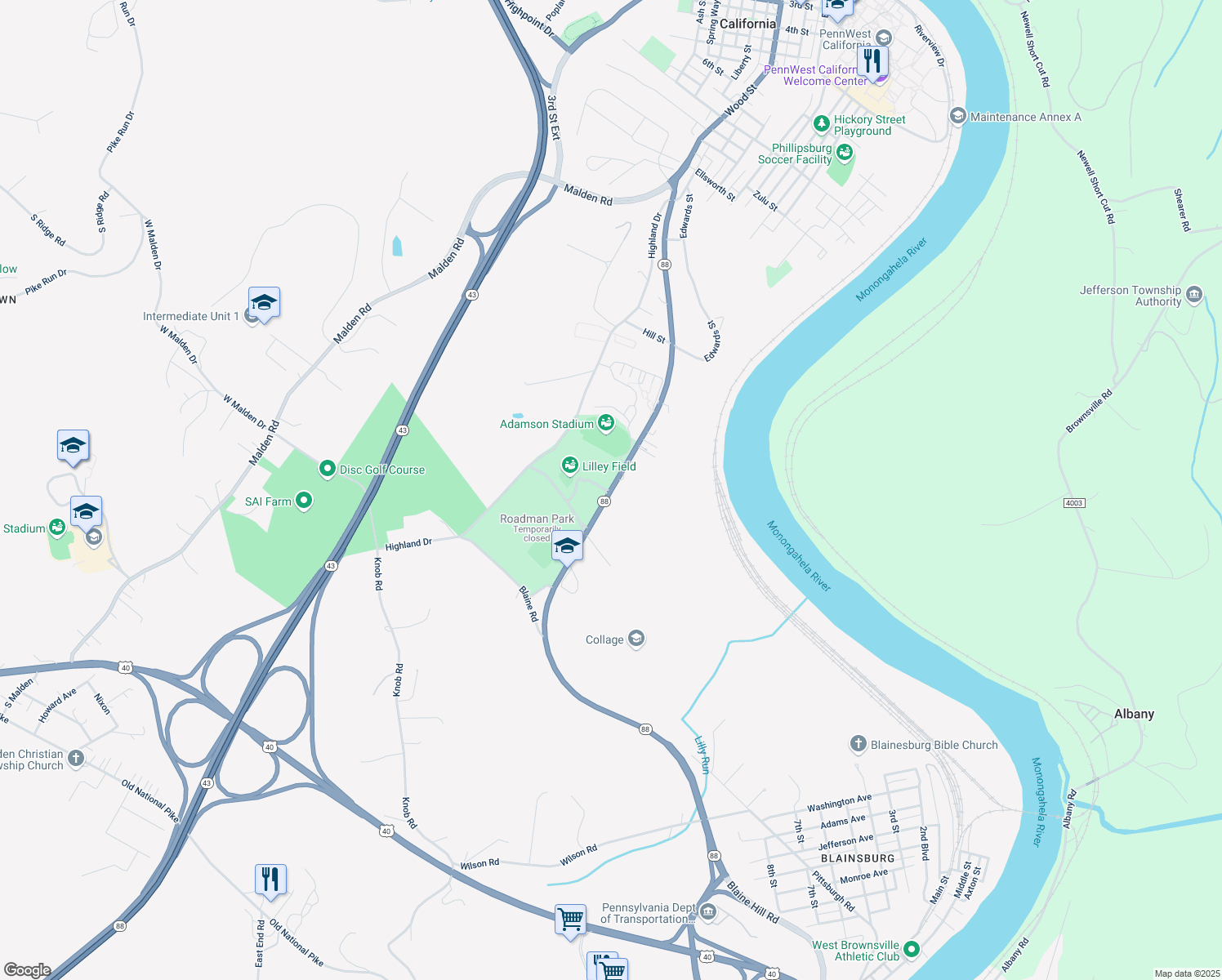 map of restaurants, bars, coffee shops, grocery stores, and more near 1165 California Road in Brownsville