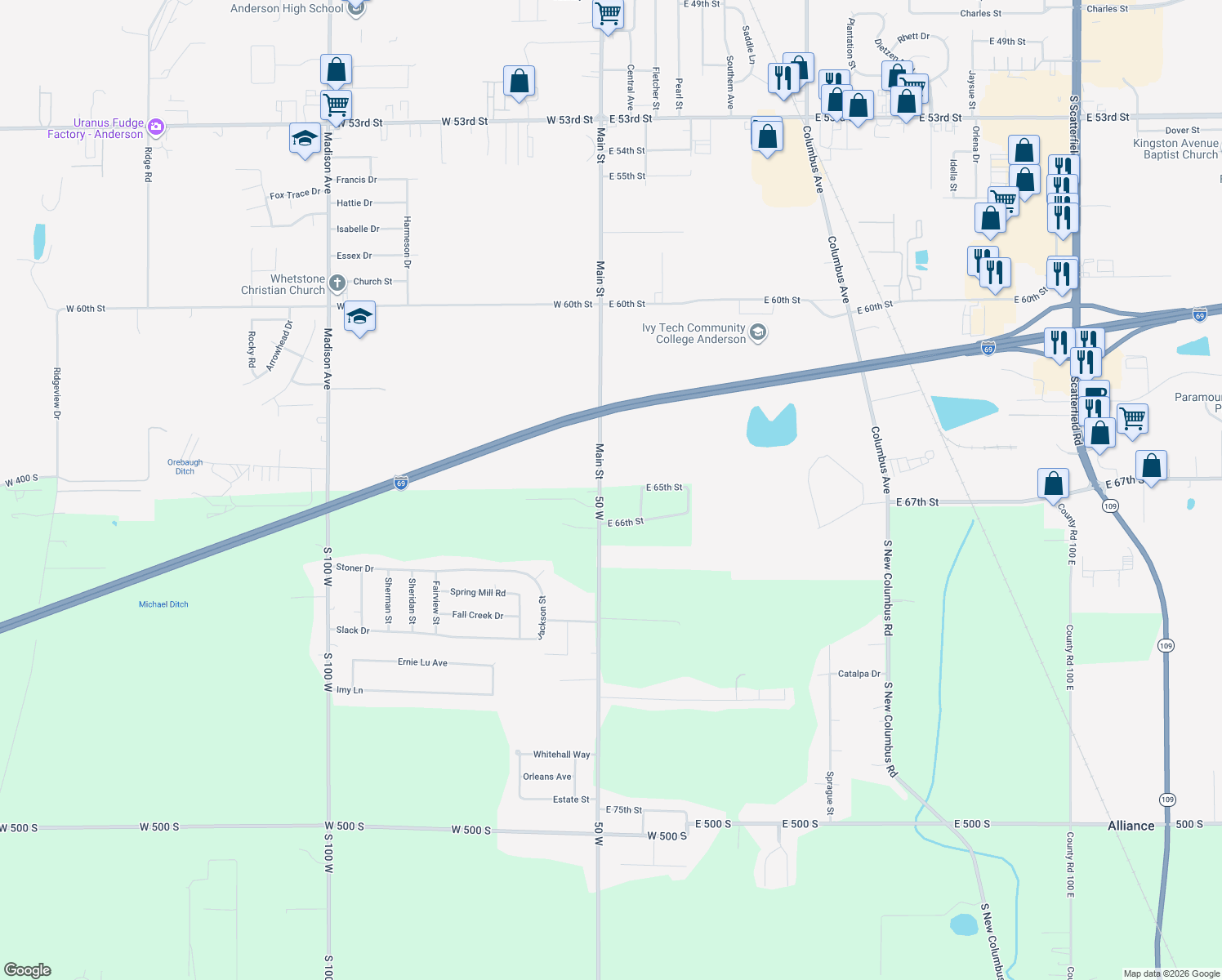 map of restaurants, bars, coffee shops, grocery stores, and more near 4012 South 50 West in Anderson