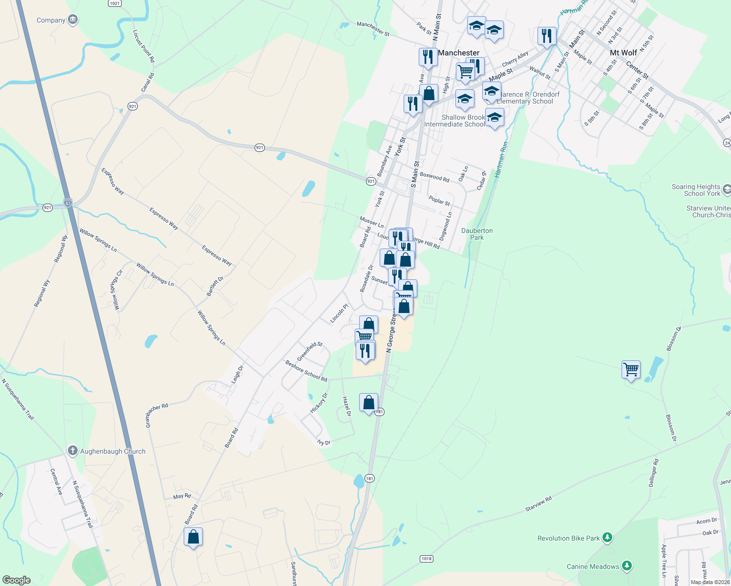 map of restaurants, bars, coffee shops, grocery stores, and more near 125 Rosedale Dr in Manchester