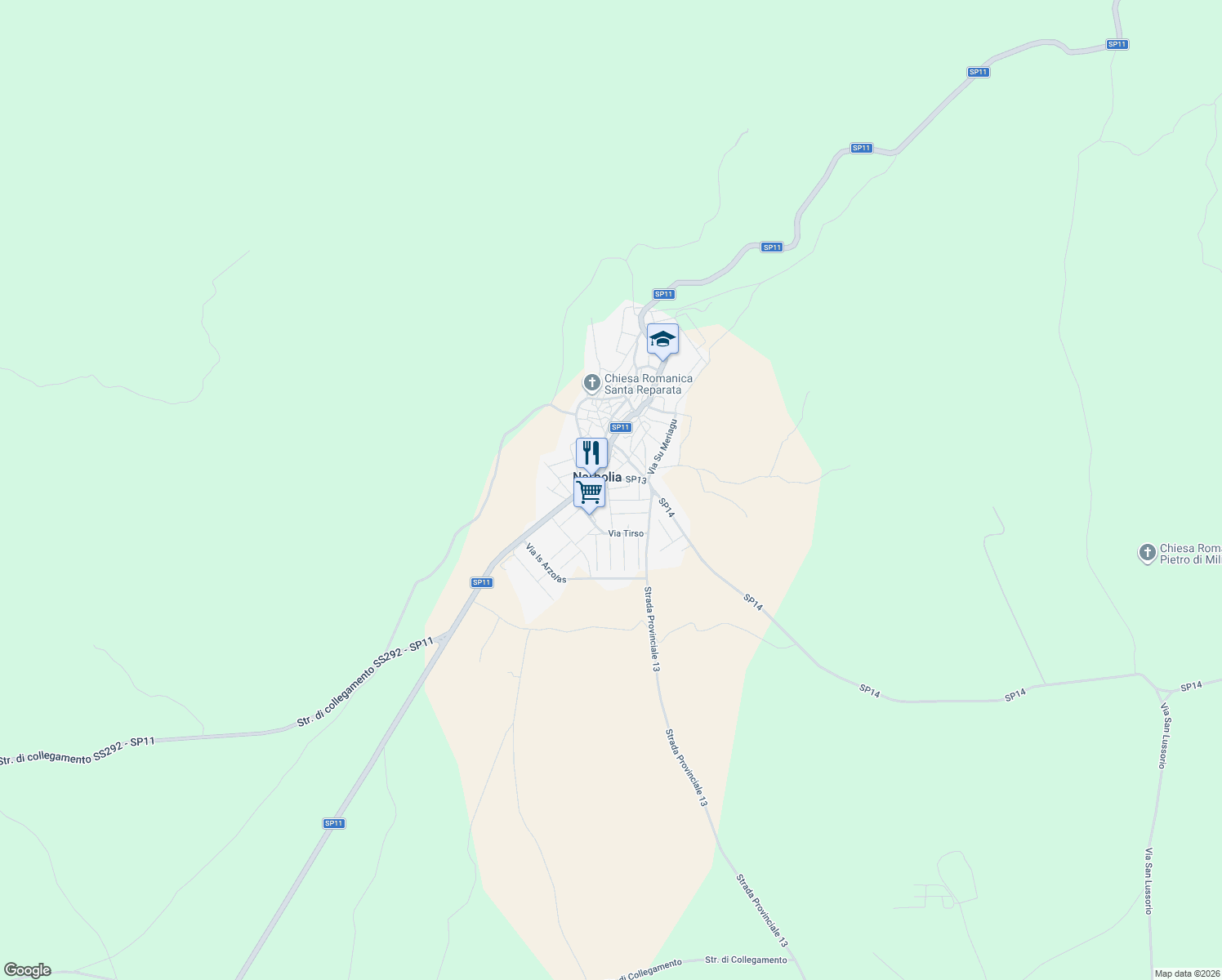 map of restaurants, bars, coffee shops, grocery stores, and more near 1 Via Montezebio in Narbolia