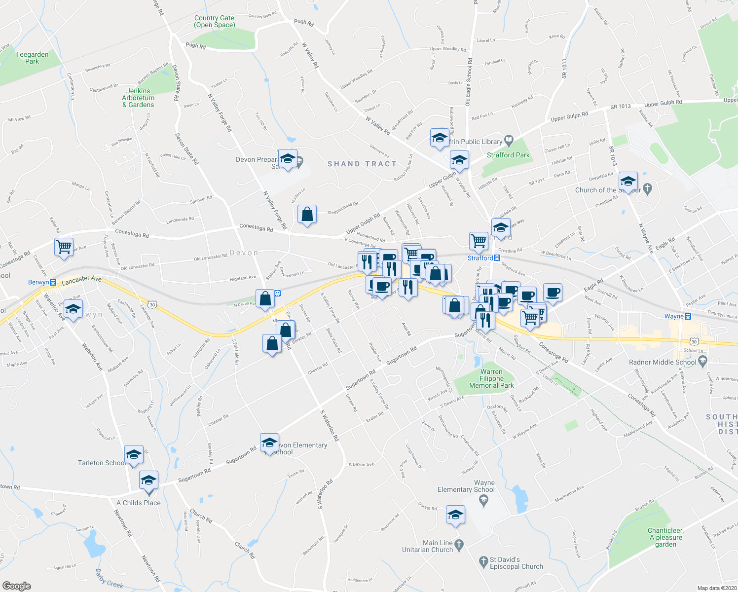 map of restaurants, bars, coffee shops, grocery stores, and more near 58 Grove Avenue in Devon