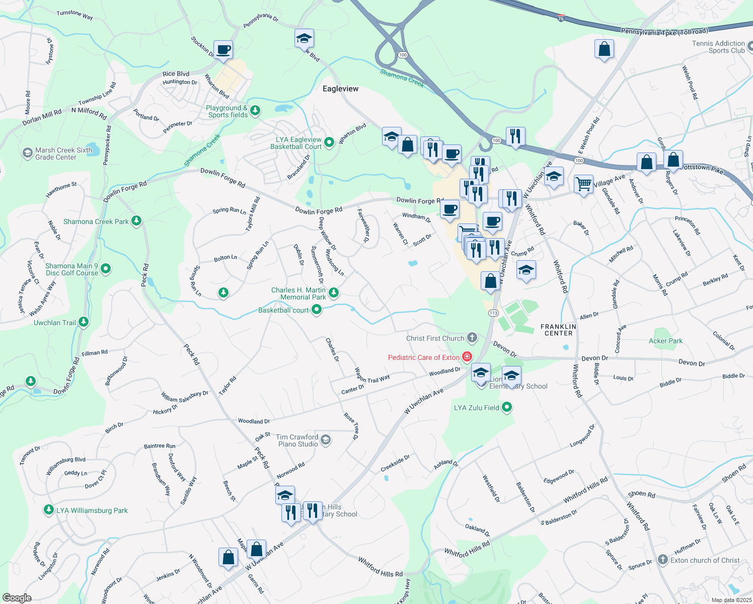 map of restaurants, bars, coffee shops, grocery stores, and more near 403 Deep Willow Dr in Exton