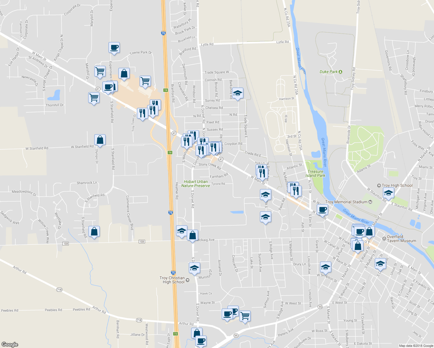 map of restaurants, bars, coffee shops, grocery stores, and more near 1375 Farnham Road in Troy