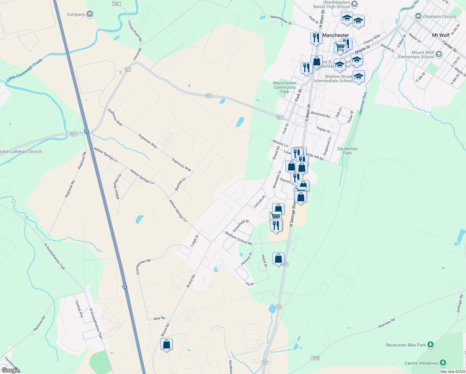 map of restaurants, bars, coffee shops, grocery stores, and more near 160 Fig Tree Way in Manchester