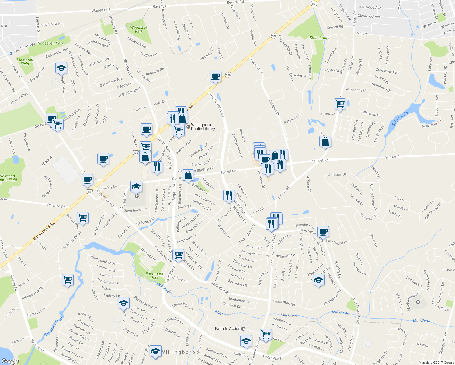 map of restaurants, bars, coffee shops, grocery stores, and more near 1 Balfour Lane in Willingboro