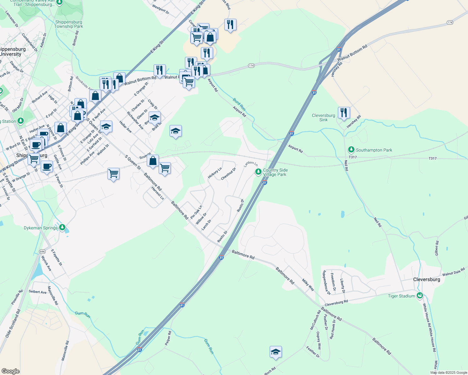 map of restaurants, bars, coffee shops, grocery stores, and more near 10 Lantern Ln in Shippensburg