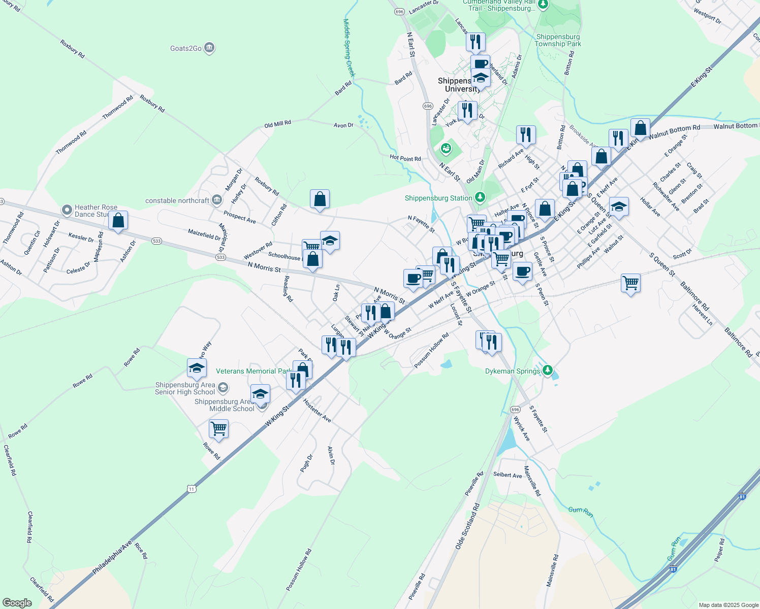 map of restaurants, bars, coffee shops, grocery stores, and more near 32 Montgomery Avenue in Shippensburg