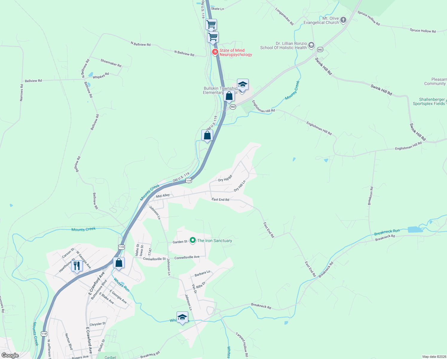 map of restaurants, bars, coffee shops, grocery stores, and more near 230 Dry Hill Road in Connellsville
