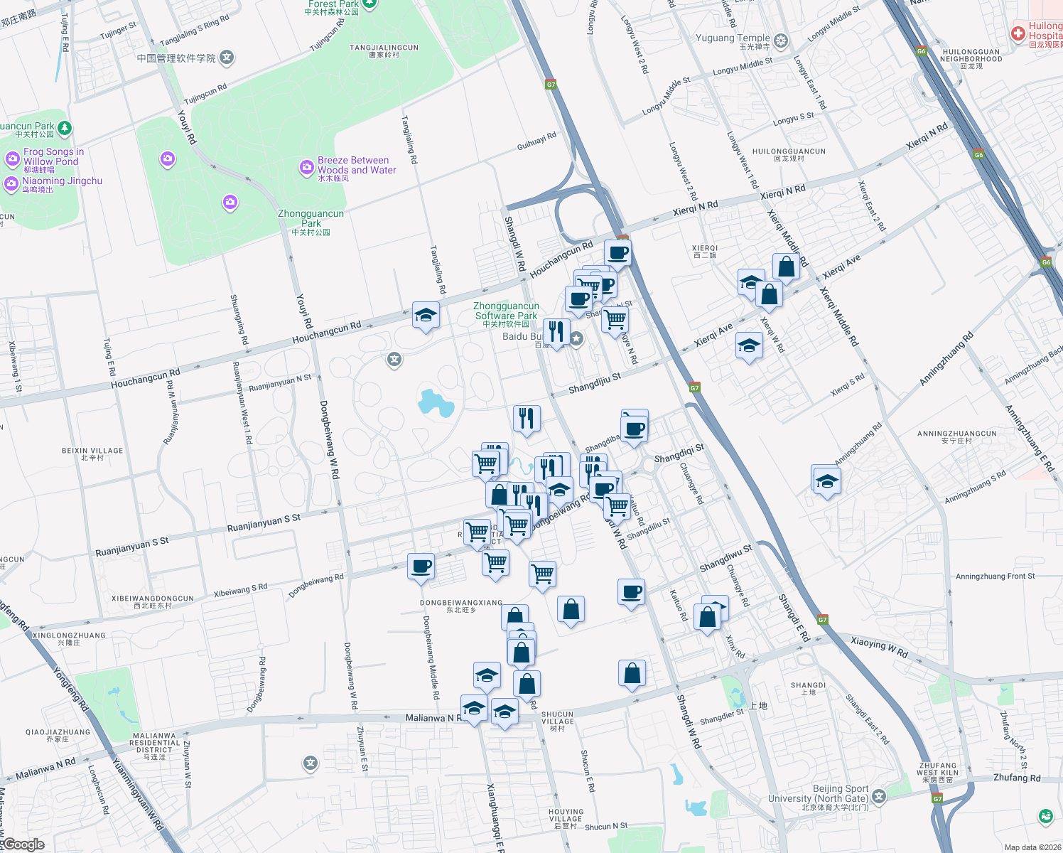 map of restaurants, bars, coffee shops, grocery stores, and more near Ruan Jian Yuan Er Hao Lu in Beijing