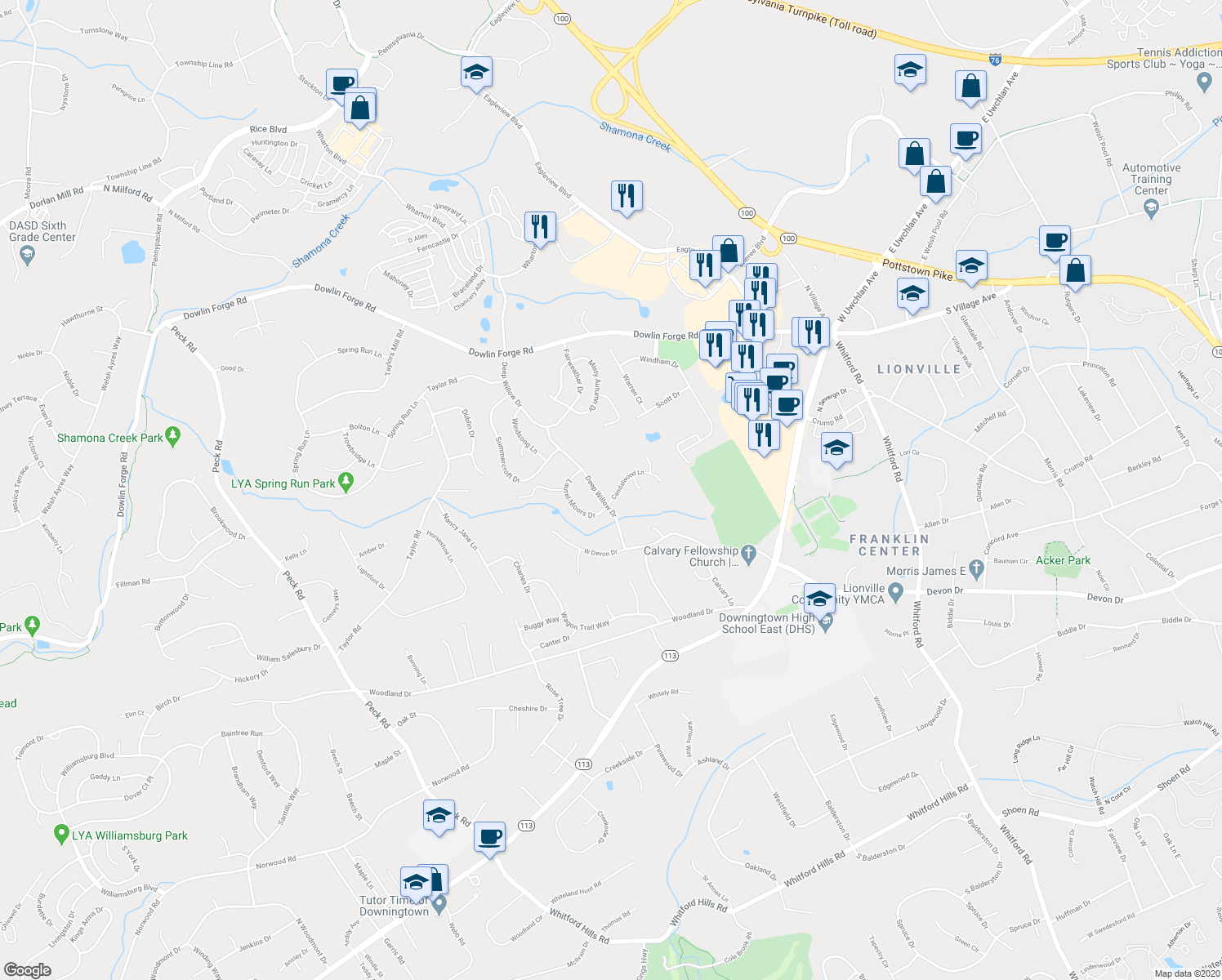 map of restaurants, bars, coffee shops, grocery stores, and more near 203 Candalwood Lane in Exton