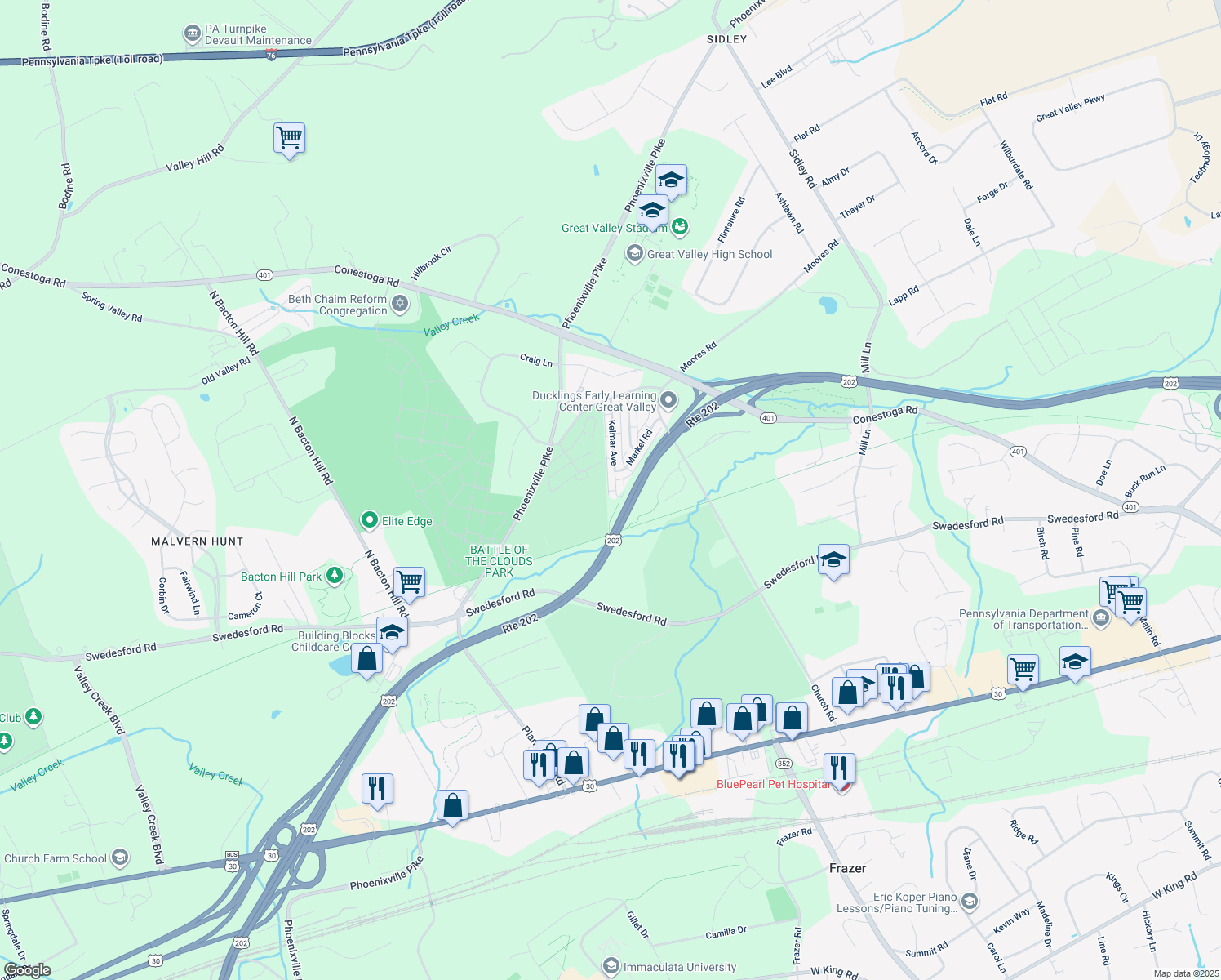 map of restaurants, bars, coffee shops, grocery stores, and more near 132 Kelmar Avenue in Malvern