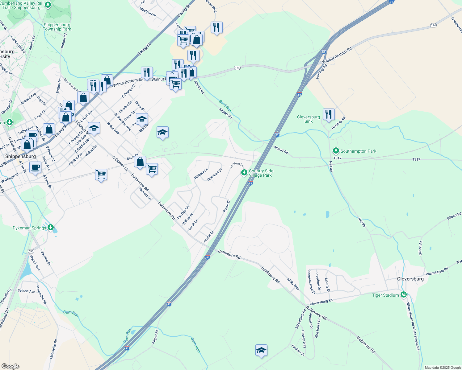 map of restaurants, bars, coffee shops, grocery stores, and more near 86 Lantern Ln in Shippensburg