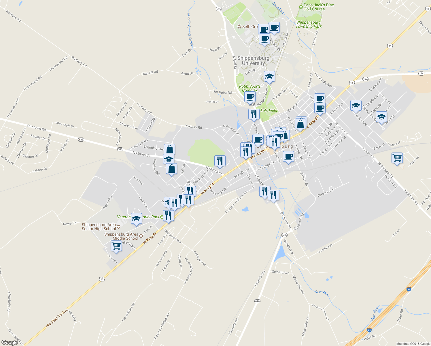 map of restaurants, bars, coffee shops, grocery stores, and more near 14 North Morris Street in Shippensburg